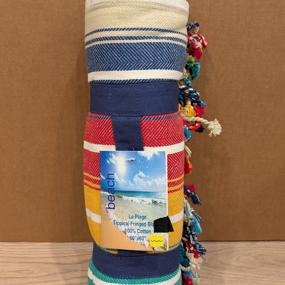 Boho Cotton Picnic Blanket 60"x60" w/ Carry Strap & Fringe Beach Picnic Camping
